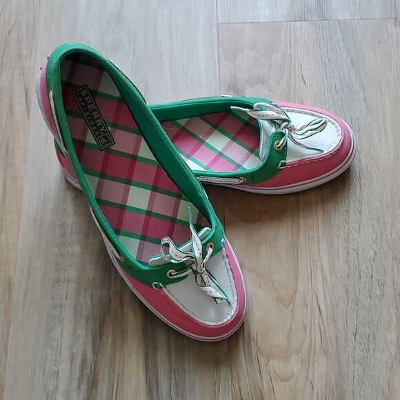 🩵Sperry "Hailey" Pink & Green Top Sider Slip-on Boat Shoes Size 8 - Picture 3 of 11